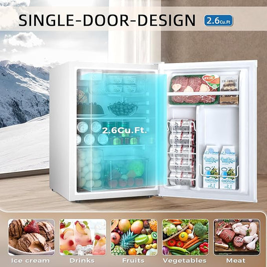 Antarctic Star Mini Compact Refrigerator with Freezer, 2.6 Cu.Ft. Single Door Adjustable Removable Shelves for Apartment/Dorm/Office,WHITE