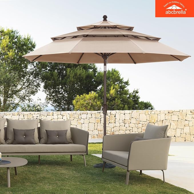 ABCCANOPY 9FT 3-Tier OLEFIN® Patio Umbrella, 5-Year No Fading, Light Beige | Heavy Duty Fade-Resistance Outdoor Table Umbrella, 8 Sturdy Ribs, Tilt, Crank for Deck, Backyard, Garden, Yard, Pool
