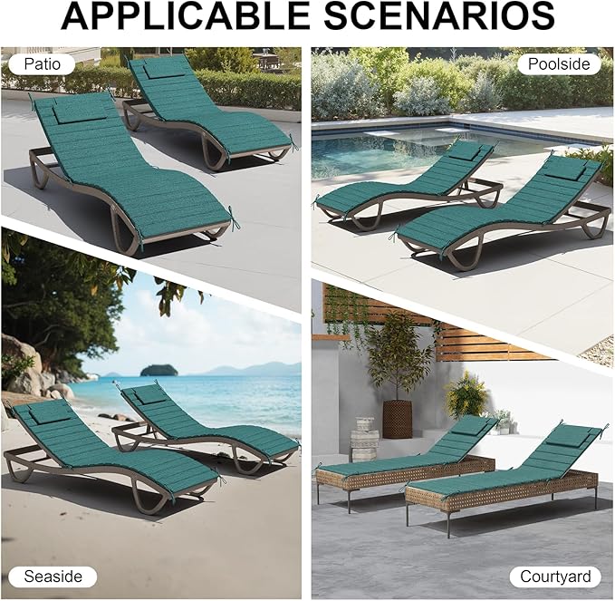 Crestlive Products Chaise Lounge Cushion Outdoor Set of 2, Foldable Waterproof Pool Lounge Chair Cushions with Straps, Lounger Cushions for Outdoor Furniture, 71''Lx21''W (Malachite)