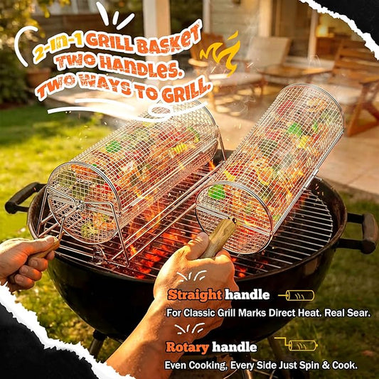 2-in-1 Rotatable Rolling Grill Basket, 304 Stainless Steel, with Removable Wooden Dual Handles & Rotating Stand, BBQ Accessories Tools for Vegetables Shrimp, Gifts for Birthday/Men/Dad/Husband