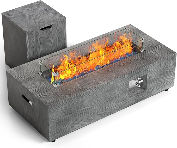 SUNPEAK 42" Rectangular Propane Fire Pit Table 50,000 BTU Fireplace Table with Wind Guard, Lid, Rocks and Cover - Fire Pits & Outdoor Fireplaces - Gas Fire Pits for Outside Patio (Charred Oak, 42")