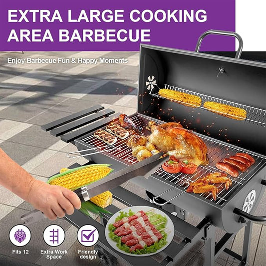 Charcoal BBQ Grill with Thermometer & Foldable Side Table, 565 sq in Cooking Space Large Charcoal Grills, Barrel Charcoal Grills for Backyards Picnic Cookouts