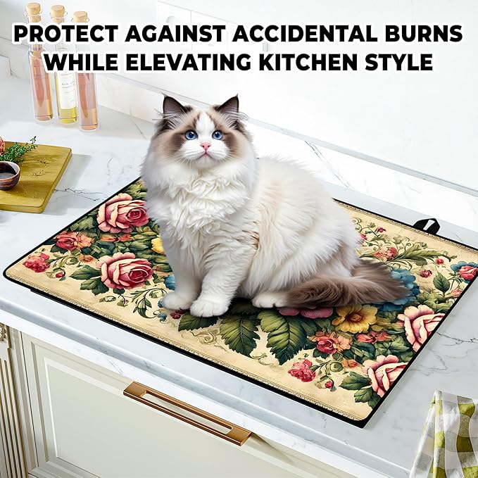 Peony Flower Stove Top Cover Retro Flower Gas Stove Top Cover for Home Decoration Kitchen Pad Non-Stick Washable Cooktop Covers Countertop Protector Keep Stove Clean 28"x20"