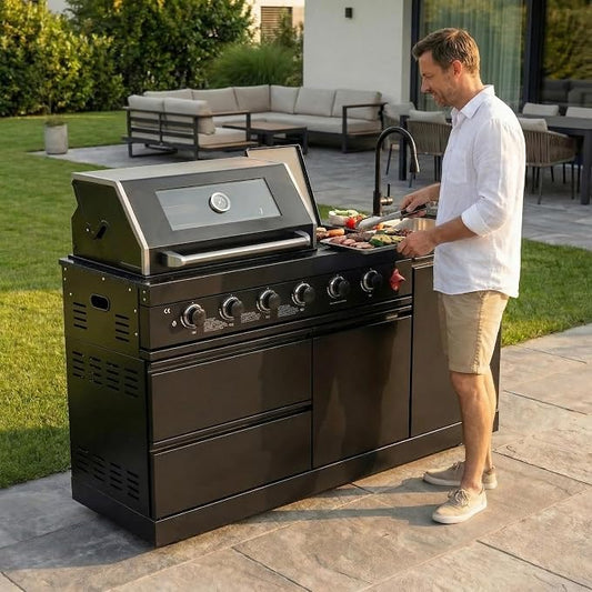 65.4 Inch Outdoor Kitchen Island, 4-Burner 72000 BTU Propane Stainless Steel BBQ with Side/Rear Burners, Outdoor Kitchen Bar Barbecue Island Grill,Marble Countertops,For Backyard BBQ