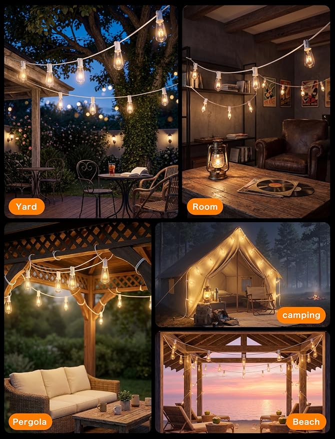 20FT Edison Outdoor String Lights with 22 Clear Edison Bulbs(2 Spare), ST40 Vintage Bulb String Lights for Christmas Hanging Backyard Porch Balcony Party Decoration, E17/C9 Socket Base, White Wire