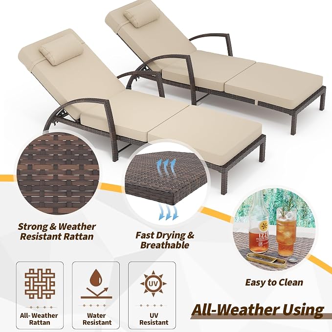 GarveeLife 2-Piece Rattan Patio Folding Chaise Lounge, 5-Position Adjustable Backrest Outdoor Lounge Chair with Cushion and Pillow for Poolside, Backyard, Deck, Porch, Beige