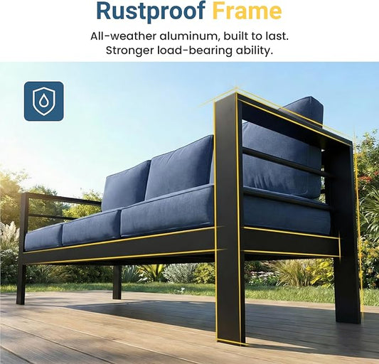 Wisteria Lane Aluminum Outdoor Sofa, 3 Pieces Patio Couch All-Weather Rust-Proof Modern Metal Patio Furniture with 5" Thick Olefin Cushions, Light Grey