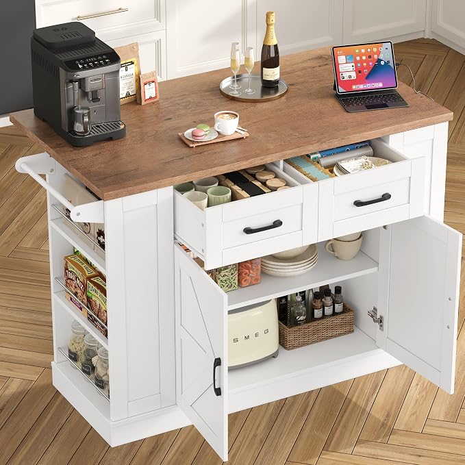 Kitchen Storage Island with 2 Stools, 51.2” Mobile Kitchen Cart with Drop Leaf & Power Outlet, Rolling Island Table Dining Room Buffet with 2 Drawers & Side Storage Rack &Towel Rack, White