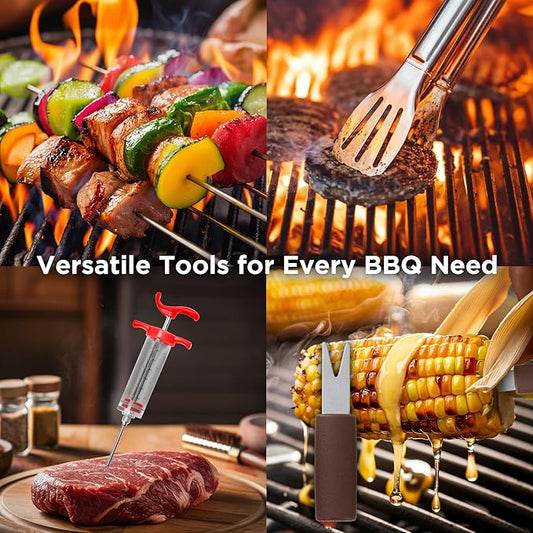 Kaluns 50PC BBQ Grill Tools Set โ Heavy Duty Stainless Steel Grill Accessories Kit with Case, Apron, Hooks, Thermometer, Injector, Claws & Mats โ Fathers Day Gift for Dad, Men