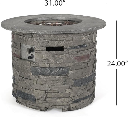 31'' Propane Fire Pit Table Hidden Tank Inside, 40,000 BTU Outdoor Round Gas Firepit with Auto-Ignition, Lava Rock for Patio Deck, Imitation Stone Concrete, CSA Certified, Gray