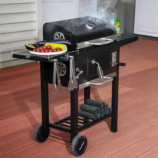 MASTER COOK Charcoal Grills with Two Foldable Side Tables, 353 Sq.In Cooking Area Outdoor Smoke Barbecue bbq Grill for Camping, Backyard Party, Patio, Picnic, Garden, Black,18"D x 43"W x 37"H
