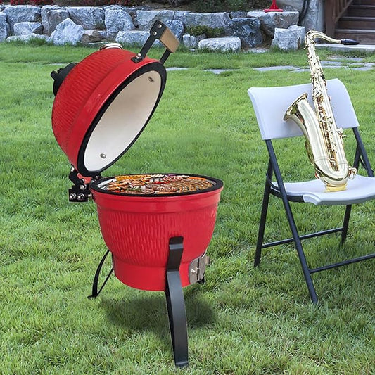 Portable Ceramic Grill 13" Round Charcoal Barbecue Grills with Thermometer, Compact BBQ Grill for Garden Party Picnic Hiking Travel Backyard Cooking, Easy to Assemble, Asadores de Carbon, Red