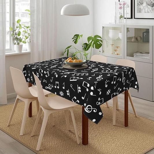 Music Notes Tablecloth Washable Rectangle 54"x72" Kitchen Dinner Picnic Parties Birthday Table Cloth Home Decoration for All Seasons Musicial Table Cover, Black