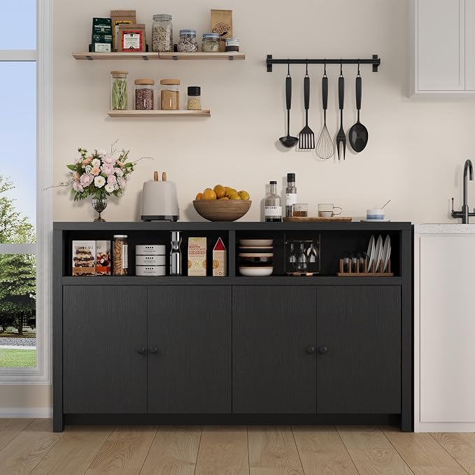 Buffet Sideboard Cabinet with Storage, 55" Kitchen Storage Cabinet, Black | 4 Doors & Adjustable Shelves, Farmhouse Wood Coffee Bar Cabinet for Kitchen, Dining Room, Living Room