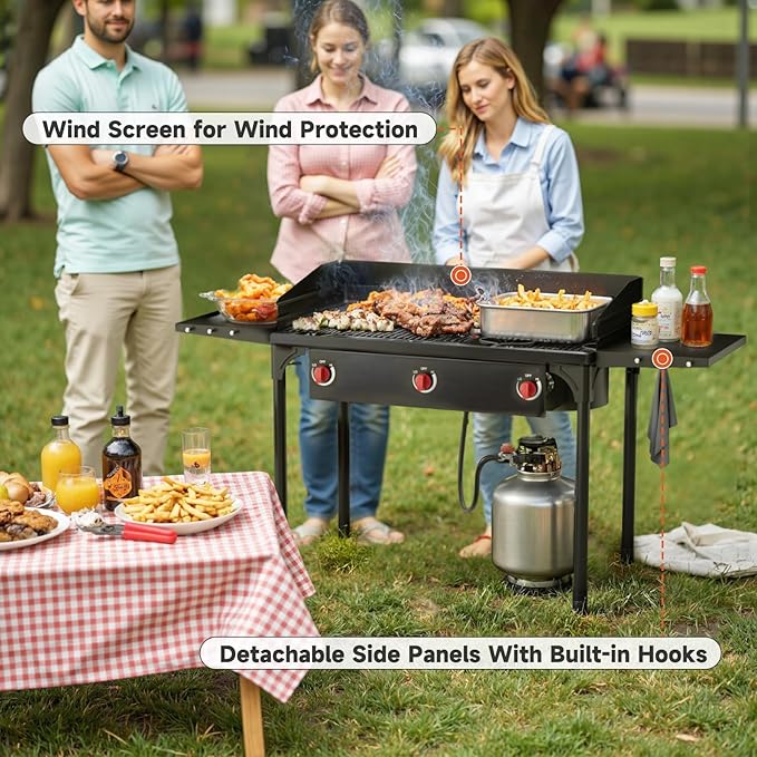 3 Burner Propane Burner, 225,000 BTU High Pressure Propane Stove with Windscreen & Side Shelves, Outdoor Propane Gas Stove with 0-20 PSI Regulator for Camping, Backyard, Outdoor Cooking