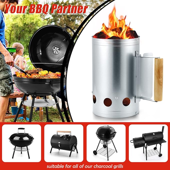 HaSteeL Charcoal Chimney, 10.6x6.7 Inch Heavy Duty BBQ Chimney Starter for Outdoor Grilling Barbecue Camping, Quick Rapid Fir Briquette Coal, Heat Resistant Wooden Handle & Screwdriver