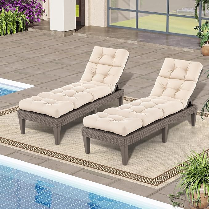Tangkula Chaise Lounge Cushions Outdoor, 73 x 22 Inch Patio High Back Recliner Cushion with 4 String Ties, 4” Thick Padded Lounge Chair Cushion Replacement for Outdoor Indoor Furniture (1, Beige)