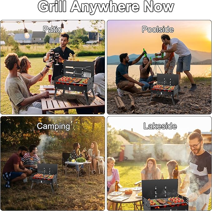 TeqHome Portable Charcoal Grill, Small Foldable Barbecue BBQ Grill Charcoal for Outdoor Picnic, Backyard, Patio and Parties, 16.7"ร10"ร17.7"