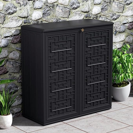 Mrosaa Indoor Outdoor Storage Cabinet Waterproof with Shelf,Plastic Storage Sheds Outdoor Cabinets for Patio/Garden/Backyard, Size 34.3''L*15''W*36.2''H๏ผBlack๏ผ