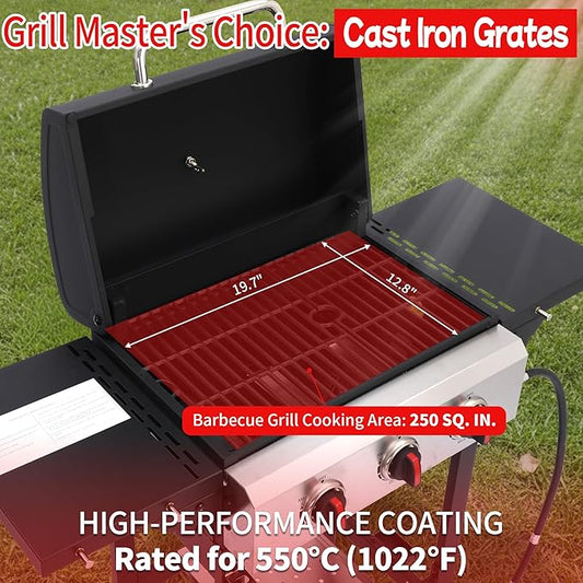 Propane Gas Grill, 3 Burner BBQ Grill with Folding Side Tables, 30,000 BTU Outdoor Grill with Wheels, 252 sq.in Cooking Area, Cast Iron Grates + Stainless Steel Griddle