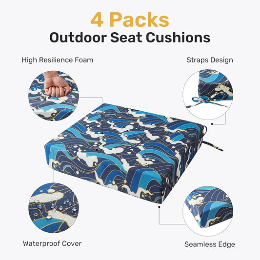 UNIKOME Outdoor Chair Cushions Pack of 4, Water Resistant Patio Cushions with Ties, High Density Sponge Filling Square Corner Seat Cushions for Outdoor Furniture, 19"*19"*3", Blue/Waves