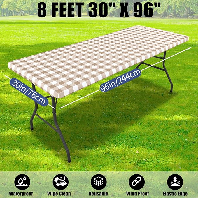 Smiry Picnic Table Cloth 2 Pack, Waterproof Elastic Fitted Tablecloths for 8FT Rectangle Tables, Washable Polyester Buffalo Plaid Tablecloth for Camping, Dining & Outdoor (Khaki & White, 30" x 96")