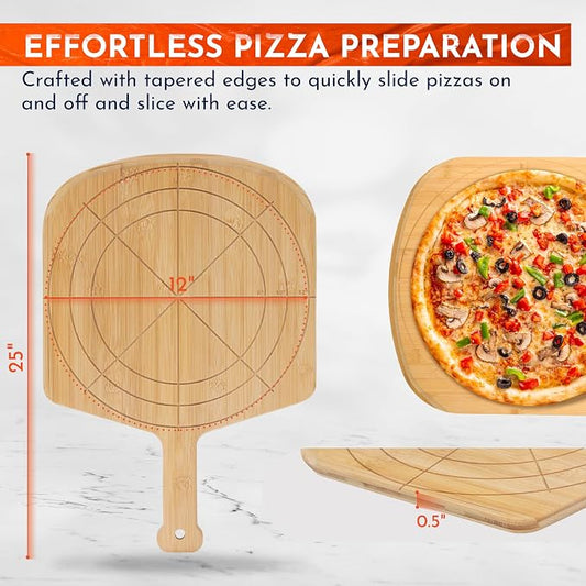 Wooden Pizza Peel 12 Inch Board with Engraved Sizes - Multi-Purpose Bamboo Pizza Cutting Board, Wood Pizza Peel, Pizza Spatula Paddle, and Serving Board with Size and Cutting Guide