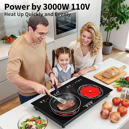 VBGK Electric Cooktop,24 Inch Electric Stove Top 110V 3000W with LED touch Control,8 Power Levels, Kids Lock & 4H Timer,Overheat Protection stove,2 burner cooktop