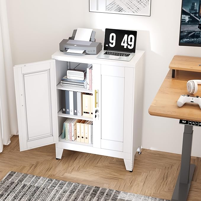 GAIOUS White Metal Pantry Cabinet with Lock(Two Units), Sideboard Buffet Storage Cabient with Doors and 2 Adjustable Shelves, Multifunctional Kitchen Cupboard for Home Office, Buffet Table