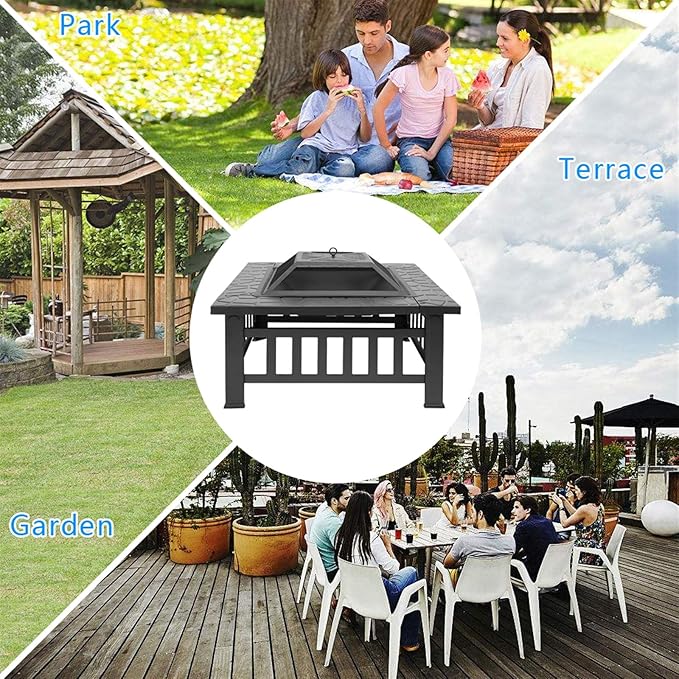 32 Inch Heavy Duty Metal Square Patio Firepit Table BBQ Garden Stove with Spark Screen Cover Log Grate and Poker for Outside Wood Burning and Drink Cooling