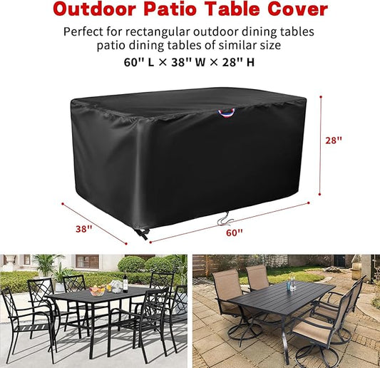 Outdoor Dining Table Cover, 60" Rectangle Patio Furniture Covers Waterproof, Protective Cover for Outdoor Dining Table Chairs Set - Black, 60 X 38 X 28 Inch