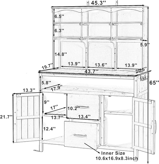 Merax 45.3" Large Outdoor Fir Wood Potting Bench with Storage, Multi-Functional Patio Kitchen Island, 6-Shelf Hutch+2 Cabinets+2 Drawers+3 Hooks, Garden Workstation for Planting, Gardening, Natural