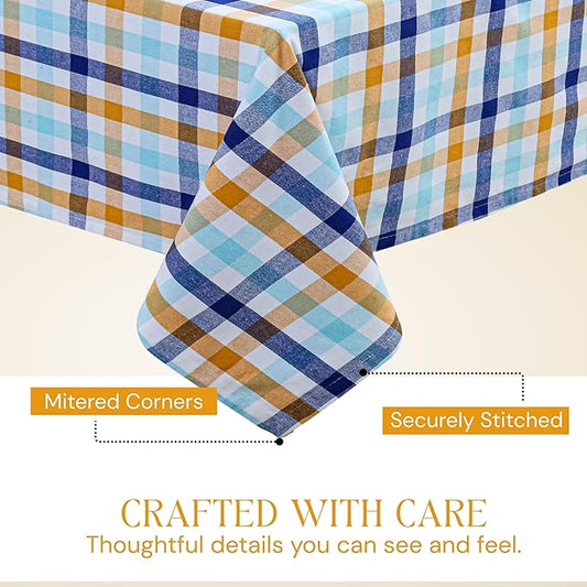 Gingham Check Tablecloth, 52x70 Inches, 100% Cotton, Washable, Table Cover for Summer Parties, Holidays and Everyday Dining, Indigo Blue - Mustard Yellow - Aqua Blue and White Plaid