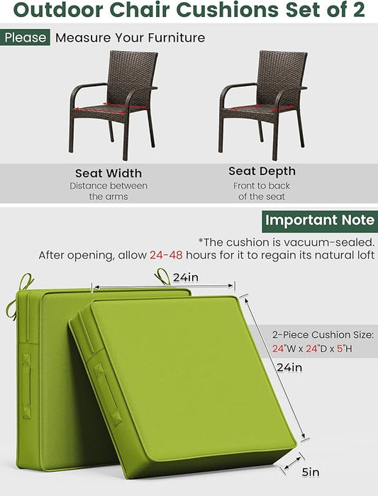 Outdoor Chair Cushion 24 x 24 x 5 Inches Patio Furniture Outdoor Waterproof Seat Cushion, Patio Chair Cushion with Handles and Ties, Square Dining Chair Cushion Set of 2, Grass Green