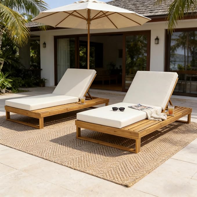 Merax 2-Piece Teak Finish Acacia Wood Chaise Lounge with 4-Inch Cream 2-Fold Cushion Set, 4-Position Adjustable Outdoor Patio Lounger with Flat Side Surface, for Poolside