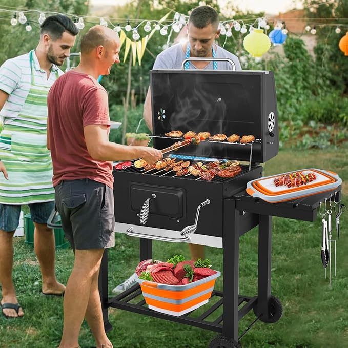 BBQ Prep Tub with Lid and Cutting Board - Collapsible Barbecue Tool Set for Marinating, Grilling, BBQ Prep Station for Outdoor Cooking, Camping Kitchen Accessories & Barbecue Utensils, XX-Large Orange