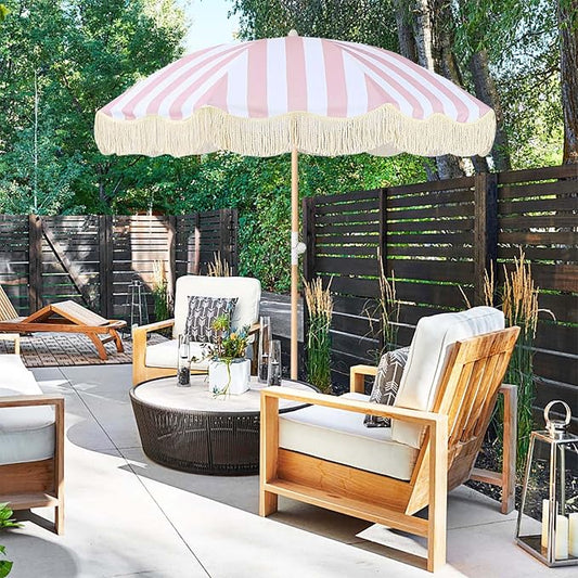 Lefedrasticity Boho Outdoor Umbrella with Tassels,6ft Table Umbrella Outdoor Patio with Knobs Tilt,Wind Resistant Portable Beach Umbrella UPF50+ Fringe Umbrellas For Pool Backyard Deck Garden