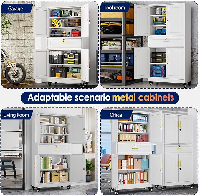 erosoei 75" H Metal Garage Storage Cabinet, Rolling Tool Cabinet with 2 Doors and Wheels, Locker Steel Cabinet with 4 Adjustable Shelves and Drawer, Organization Cabinet for Garage,Office,Home,Gym.