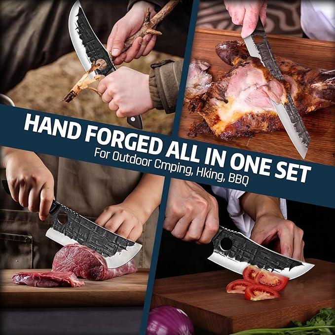 TIJERAS Butcher Knife Set, Hand Forged BBQ Viking Meat Cleaver Knives, Professional Chef Knife Set with Roll Bag for BBQ, Camping, Birthday Gifts for Men Women