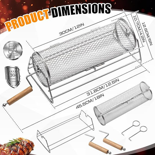 Gisafai Gifts for Dad Husband 2 Set Rolling Grill Baskets, 304 Stainless Steel, Removable Wooden Handle, Nesting Grilling Net BBQ Accessories Tools for Outdoor Camping Gifts