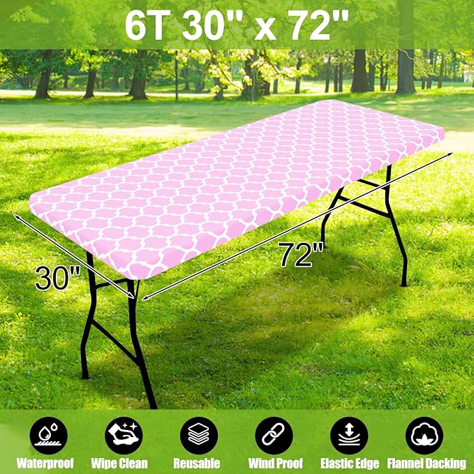 Smiry Picnic Fitted Table Cover, 6 Foot Flannel Backed Vinyl Tablecloth | Waterproof Elastic Stretch Table Cloth, Wipeable Plastic Tablecloth for Camping, Indoor & Outdoor (Pink, 30" x 72")