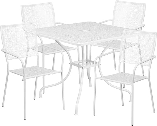 Flash Furniture Oia Commercial Grade 35.5" Square White Indoor-Outdoor Steel Patio Table Set with 4 Square Back Chairs