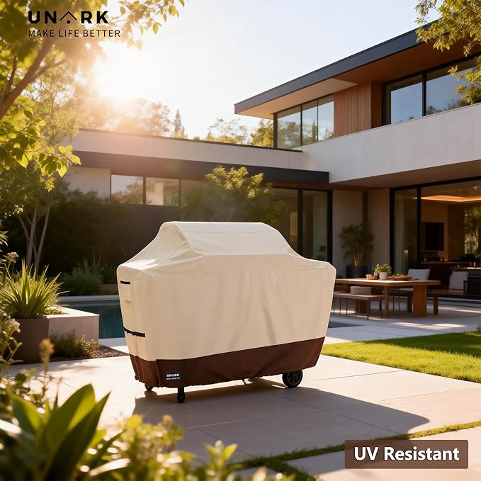58 inch Grill Cover for Outdoor Grill, Gas Grill Covers Heavy Duty Waterproof Suitable for Weber Genesis 2, All Weather Protection BBQ Cover 58" L x 24" W x 46" H Beige and Brown