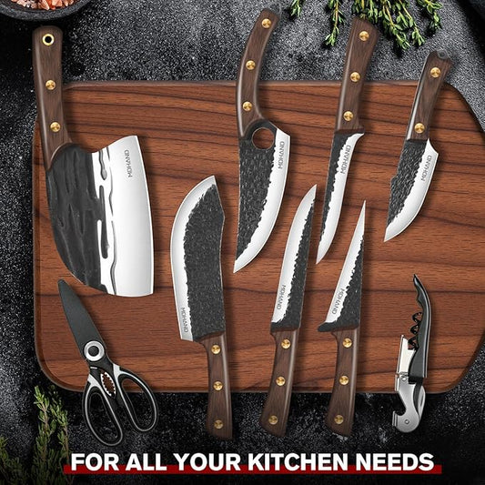 MDHAND Butcher Knife Set, Hand Forged Viking Kitchen Serbian Chef Knife Set with Roll Bag, Heavy Duty Meat Cleaver & Brisket Knives & Meat Cutting Knife for BBQ, Outdoor Camping, Gifts for Men Women