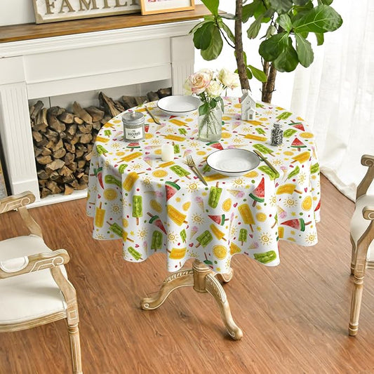 Horaldaily Summer Tablecloth 90 x 90 Inch Round Tropical Popsicle Ice Cream | Orange Sunshine Bamboo Seasonal Washable Table Cover for Party Picnic Dinner Decor