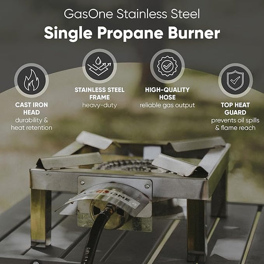 GasOne Stainless Steel Single Propane Burner - Outdoor Cooking with Heat Shield and Guard – Propane Burner Head for Camping, Tailgating, Seafood Boil, Home Brewing - Patented