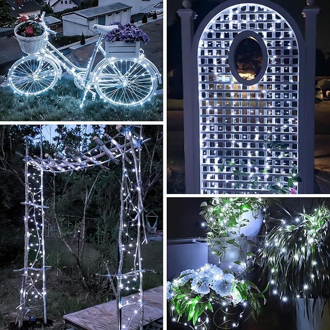 YEGUO 4 Pack White Solar Fairy Lights, Each 33ft 100 LED Christmas Lights Outdoor Waterproof, 8 Modes Sliver Wire Solar String Lights