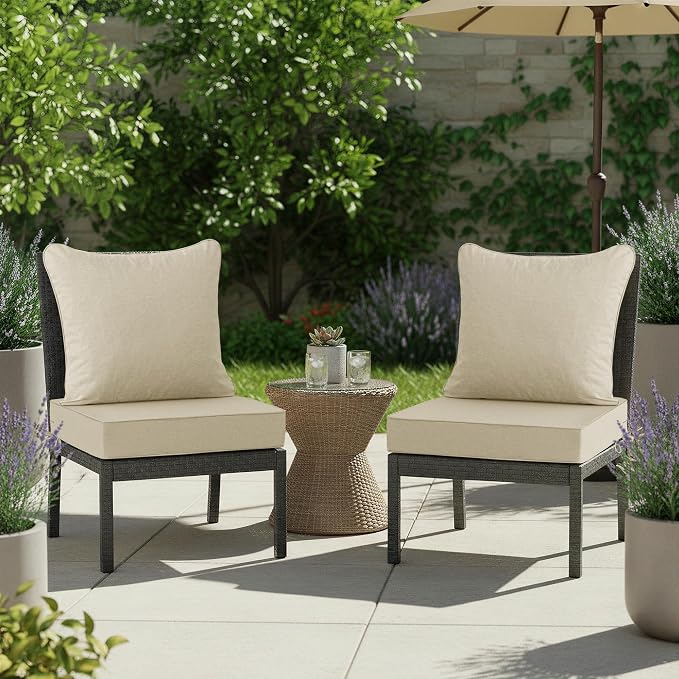 Summsun Patio Chair Cushions Set of 2, Faux Linen Outdoor Furniture Cushions, Water Resistant Backrest and Deep Seat Cushion Set with Ties, Removable Cover, Non-Slip Bottom, 24 x 24 Inch, Beige