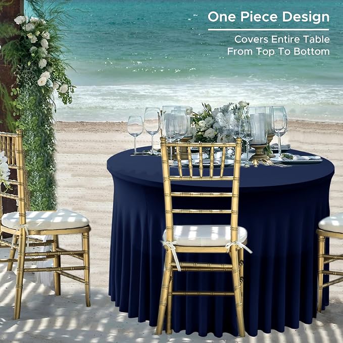 Fitted Navy Spandex Table Skirts for Wedding Party,60 Inch Round,6 Pack | Spandex Table Covers, For 5 Ft Wedding Cake Tables, Wrinkle Resistant, Ruffle Design Banquets, Baby Showers, Parties