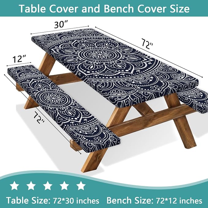 Picnic Table Cover with Bench Covers 6FT 3PCS, Camping Essentials, Rectangle Fitted Camping Tablecloth Waterproof with Elastic Edge for Indoor Outdoor Patio, 60in, Black and White